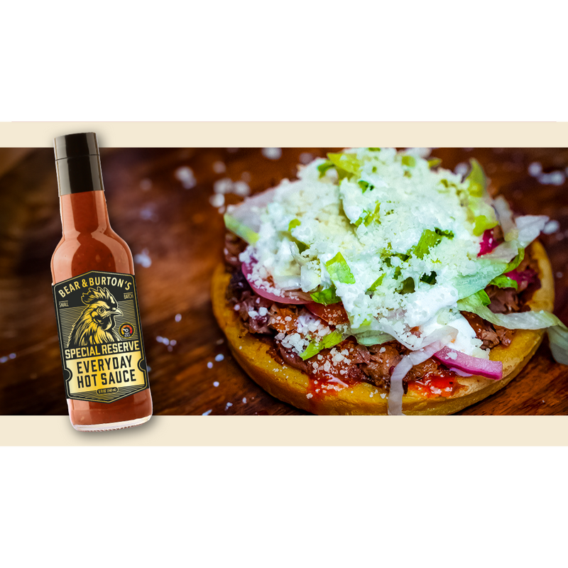 Tony Ramirez's Chopped Brisket Sopes with Everyday Hot Sauce Pickled Red Onion