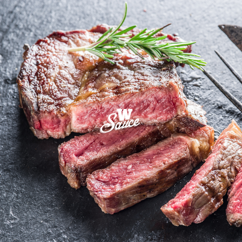 REVERSE-SEARED RIBEYE WITH W SAUCE DIP